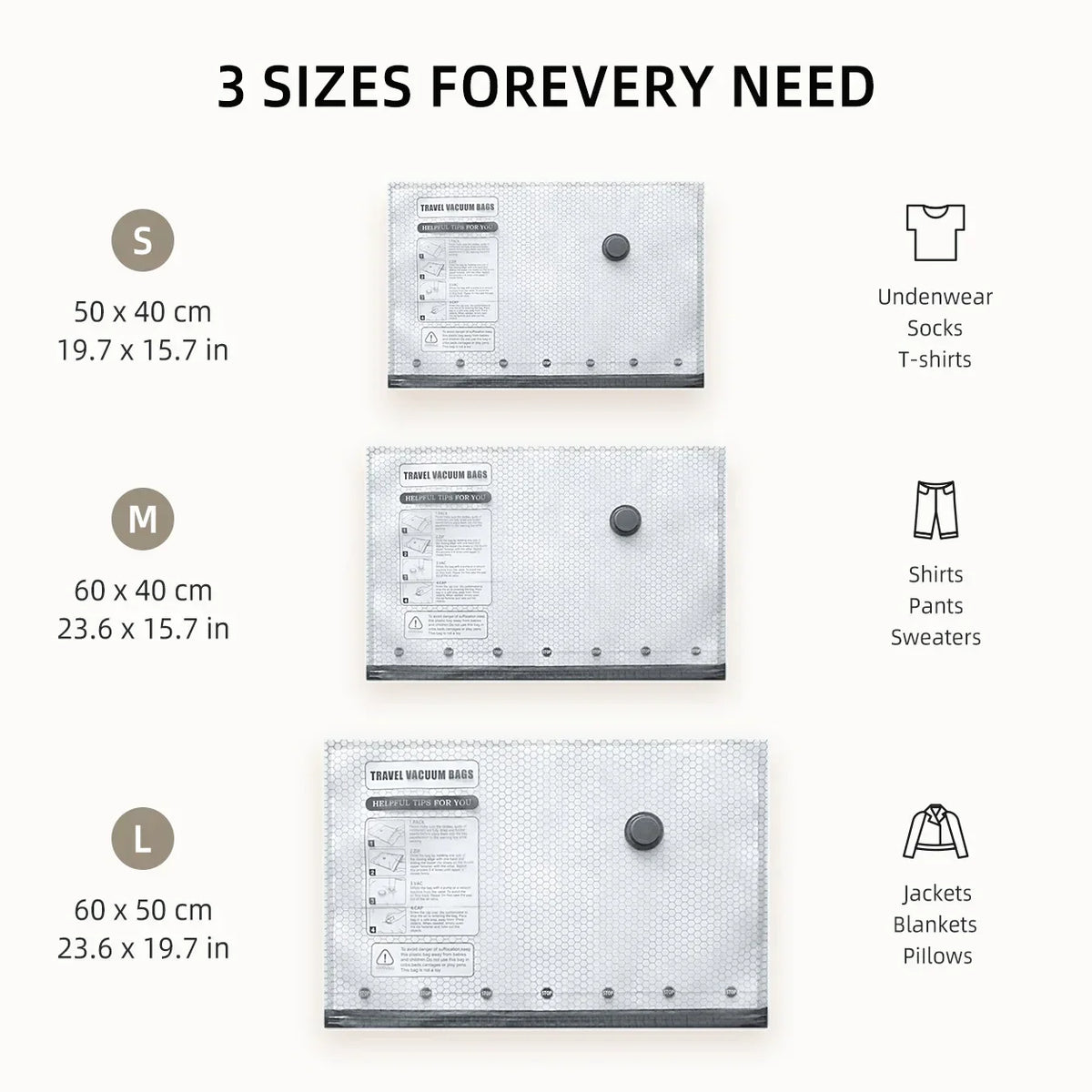 Three bag sizes: small, medium and large