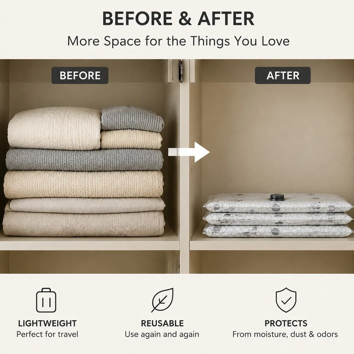 Before and after: a stack of sweaters compressed into flat vacuum bags